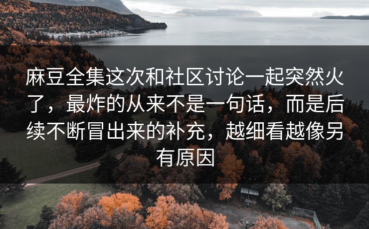 麻豆全集这次和社区讨论一起突然火了，最炸的从来不是一句话，而是后续不断冒出来的补充，越细看越像另有原因